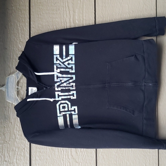 Victoria Secret PINK Hoodie  Medium Black Full Zip Iridescent Logo M - Picture 1 of 6
